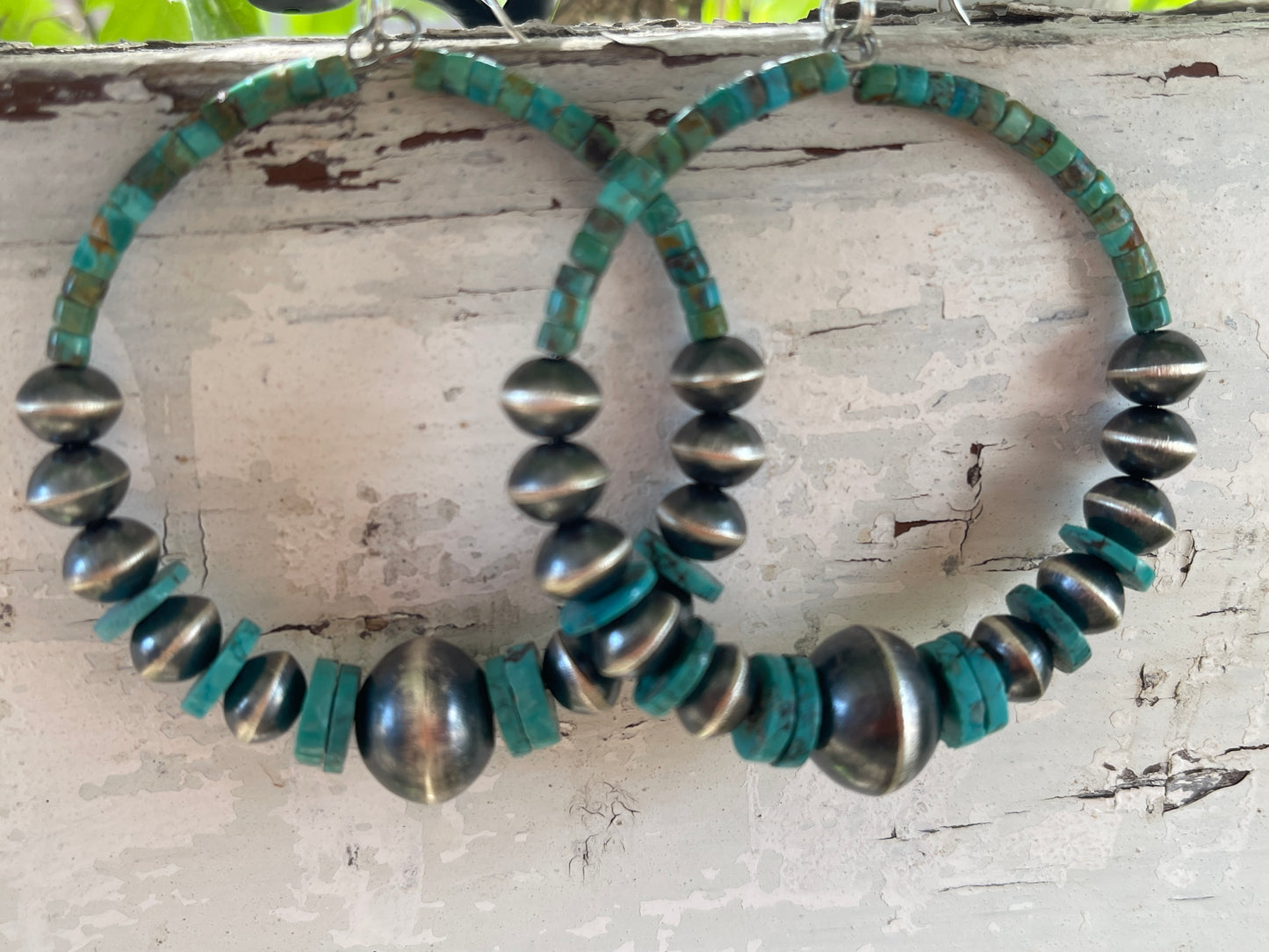 Handmade Native American Pearls Silver Hoops w/ Turquoise